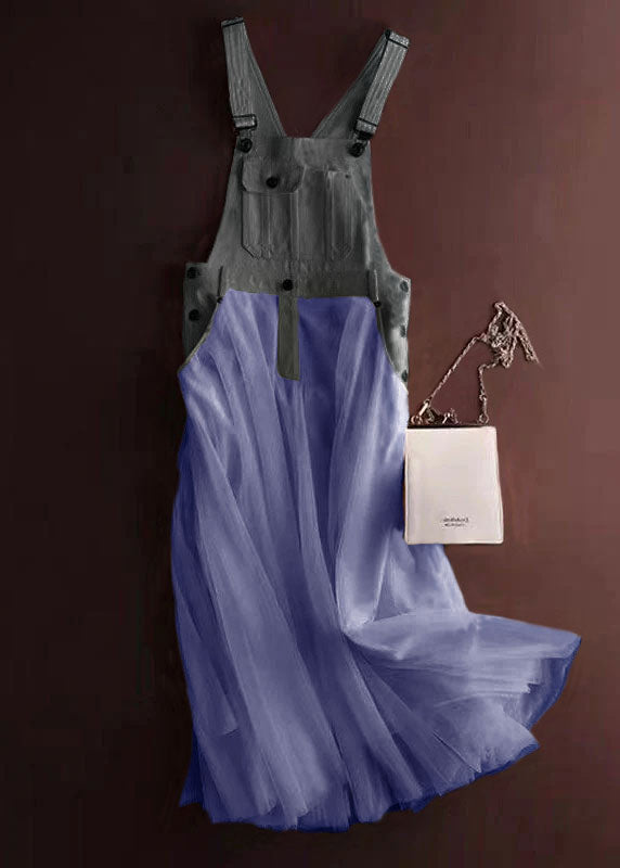Unique Grey Tulle Patchwork Denim Strap Dress Summer