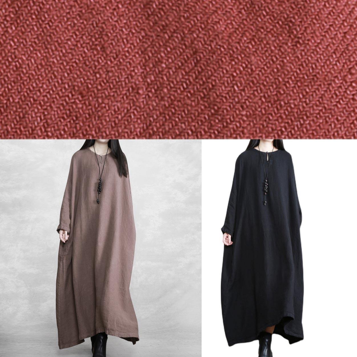 100% O Neck Pockets Clothes Women Sewing Chocolate Plus Size Dress - SooLinen