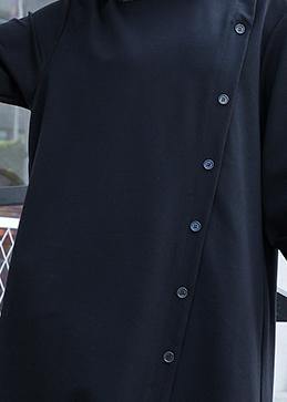 100% black Cotton tunic top stand collar Button cotton fall Dress - SooLinen