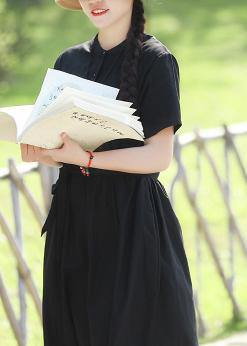 100% black linen dresses tie waist long summer stand collar Dress - SooLinen