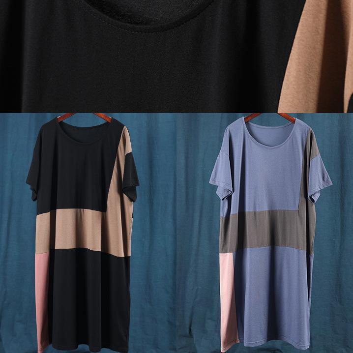 100% blue clothes o neck patchwork Plus Size summer Dresses - SooLinen