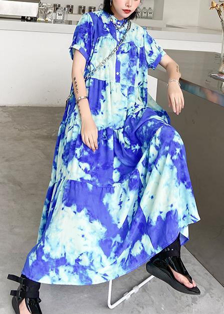 100% blue print cotton tunics for women stand collar patchwork Plus Size Dresses - SooLinen