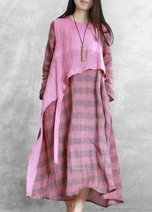100% green plaid tunic top o neck asymmetric Maxi fall Dresses - SooLinen