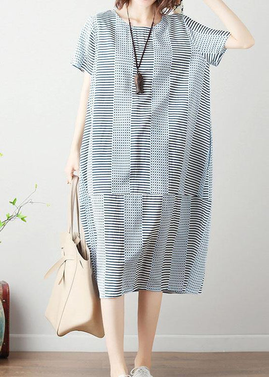 100% light blue striped Cotton Long Shirts patchwork Dresses summer Dresses - SooLinen