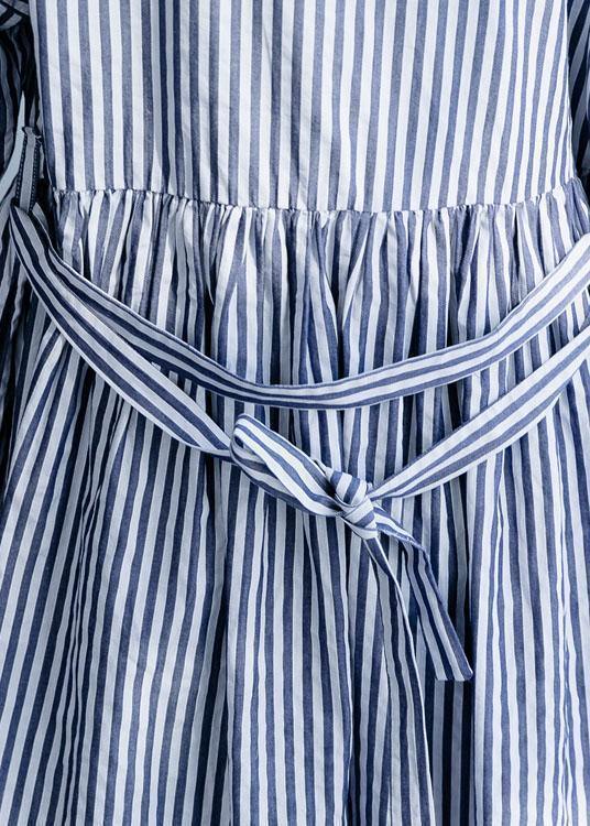 100% o neck half sleeve cotton dresses Neckline blue striped Maxi Dress fall - SooLinen