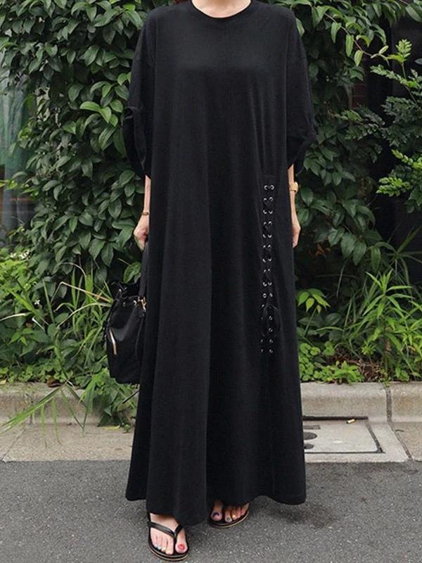 100% o neck large hem cotton clothes Fabrics black Dresses - SooLinen