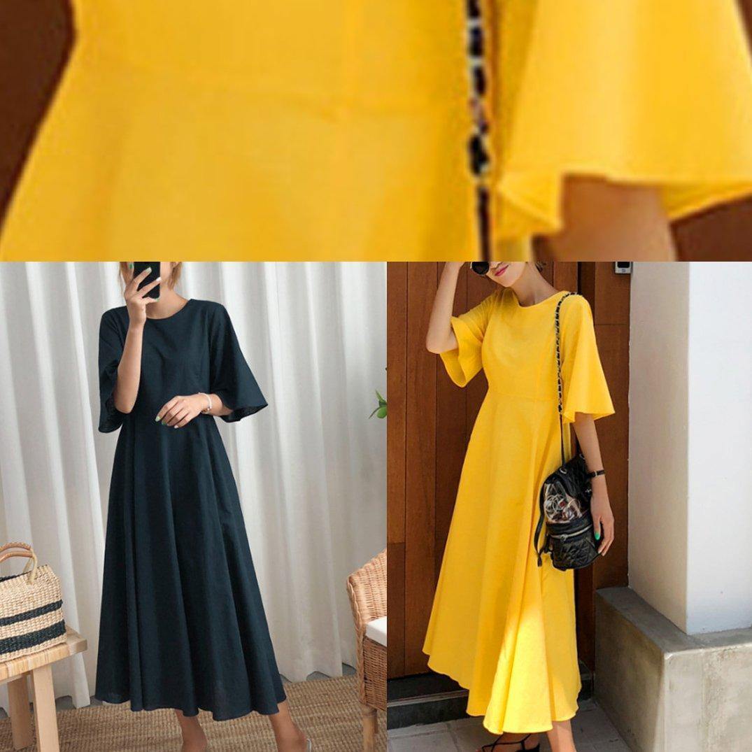 100% yellow cotton linen Long Shirts flare sleeve Bow loose summer Dress - SooLinen