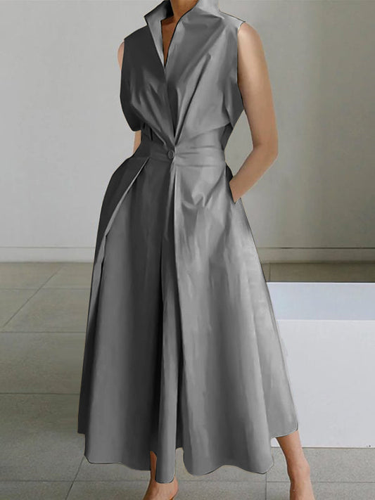 2025 Beige Peter Pan Collar Pockets Cotton Dress Sleeveless