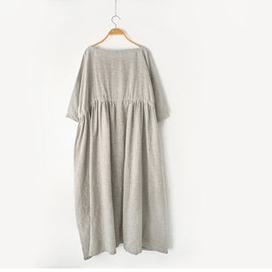 2025 autumn Nude natural linen caftans plus size linen dresses drawstring waist design flattering dress