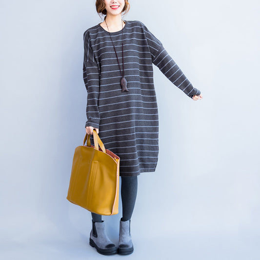2025 autumn gray casual knit dresses plus size striped sweater dress