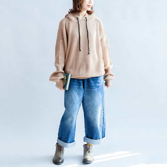 2025 autumn thick khaki cotton sweateres plus size hooded lantern sleeve knitted tops