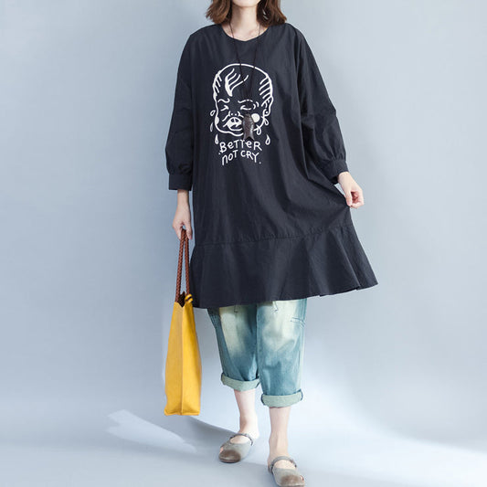 2025 baggy loose black prints cotton dresses plus size long fit a line dress