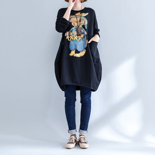 2025 black warm animal print cotton casual dress plus size long sleeve pullover dress