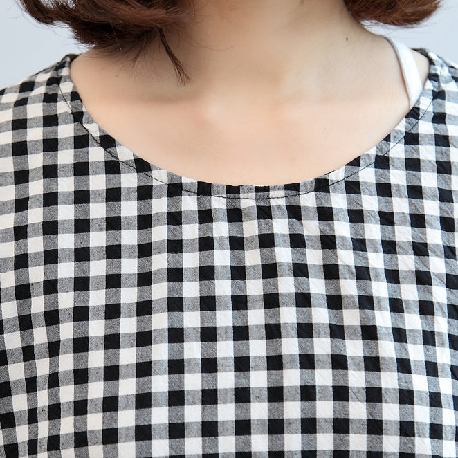 2025 black white plaid cotton dresses baggy loose half sleeve maxi dress side open