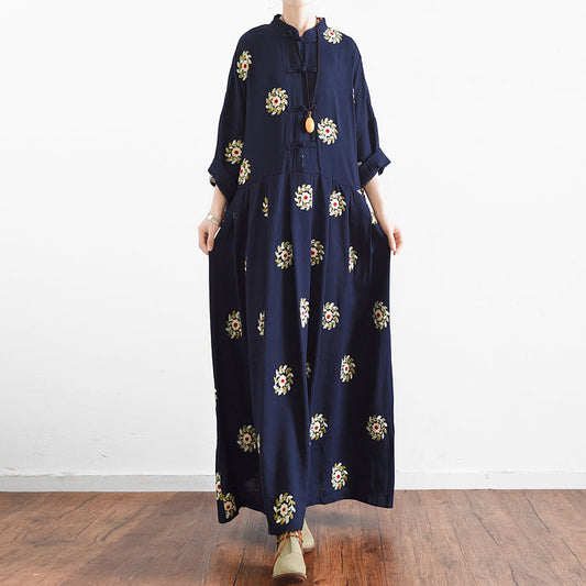 2025 fall Navy embroidered chiffon dresses oversized chiffon gown caftans traveling