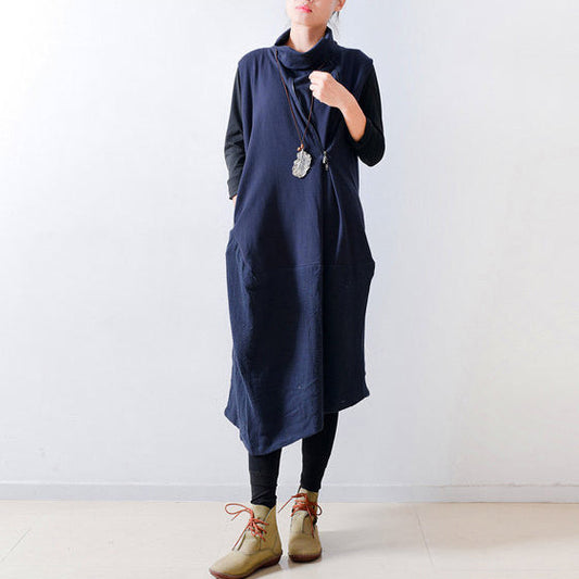 2025 fall navy linen dresses shoulder zipper design oversized caftans gown