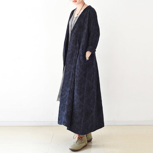 2025 fall trend Navy jacquard linen coats long maxi coat V neck casual cardigan