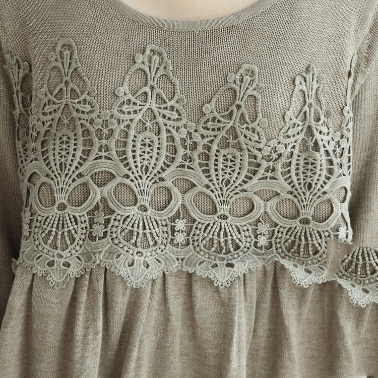 2025 fashion khaki floral knit pullover loose casual o neck sweater