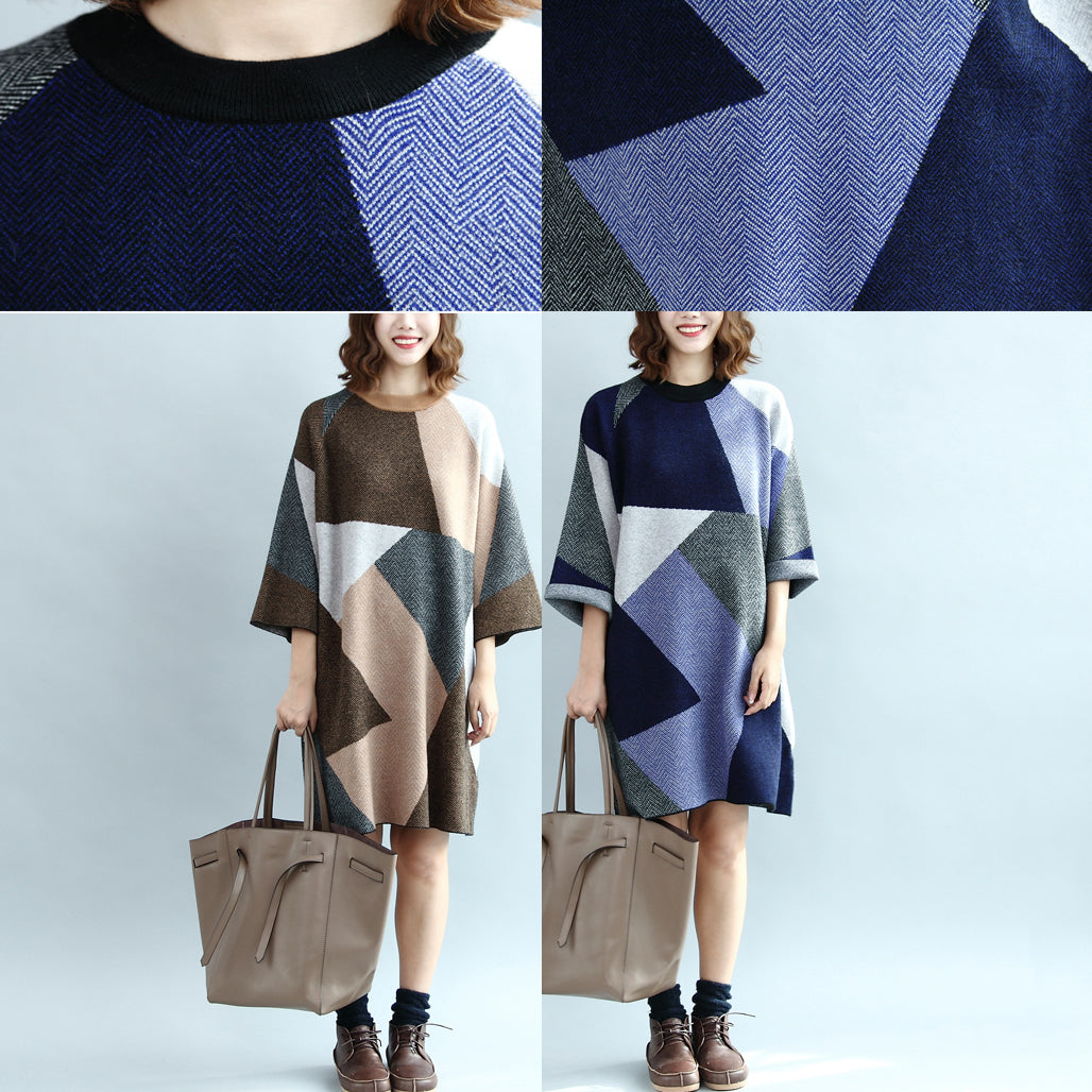 2025 geometric patchwork cotton knit dresses plus size casual bracelet sleeved sweater dress