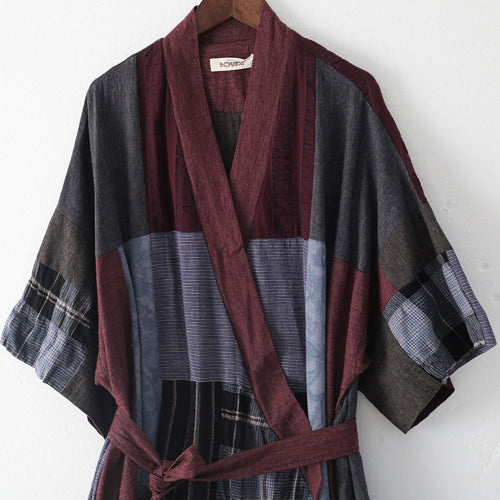 2025 multi color long linen dress Loose fitting patchwork linen gown New tie waist caftans