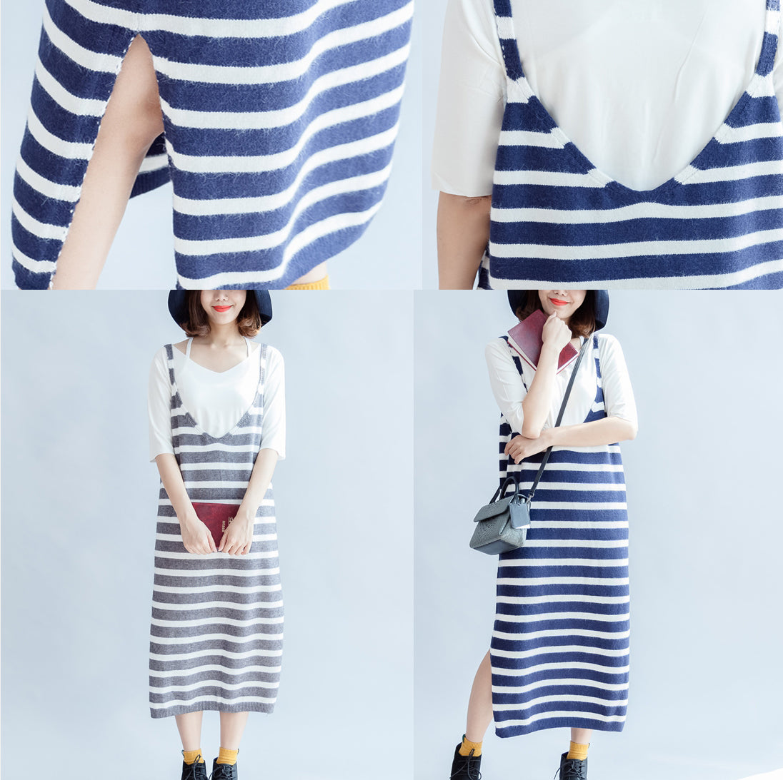 2025 new fashion gray white striped sweater sleeveless dresses loose casual dress side open