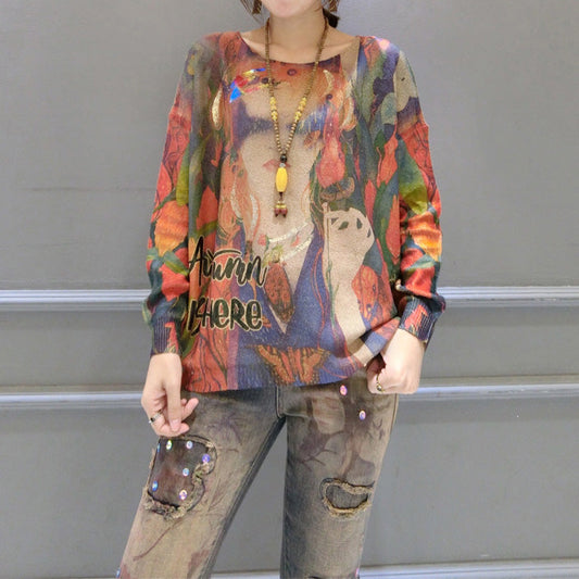 2025 new girl prints cotton sweater plus size o neck fashion pullover knit tops