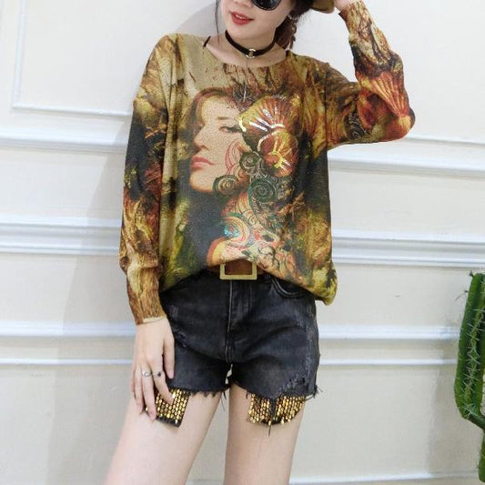 2025 plus size casual fit sweater t shirts fashion belle prints long sleeve knit pullover