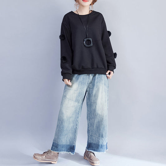 2025 winter black fuzzy ball decorated woolen sweater plus size o neck fashion knit tops