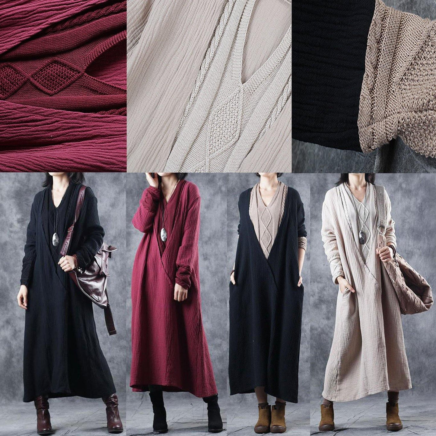 2018 New Casual Quilted Cotton Linen Sweater Dresses Women Loose Clothes - SooLinen