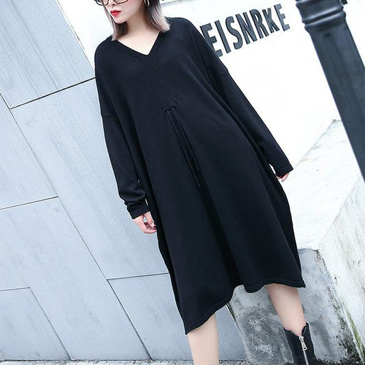 2019 black natural plus size baggy dresses vintage V neck drawstring natural cotton blended dress - SooLinen