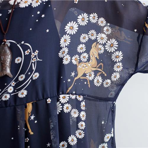 2019 blue prints pure chiffon dresses plus size vintage two pieces wild dress - SooLinen