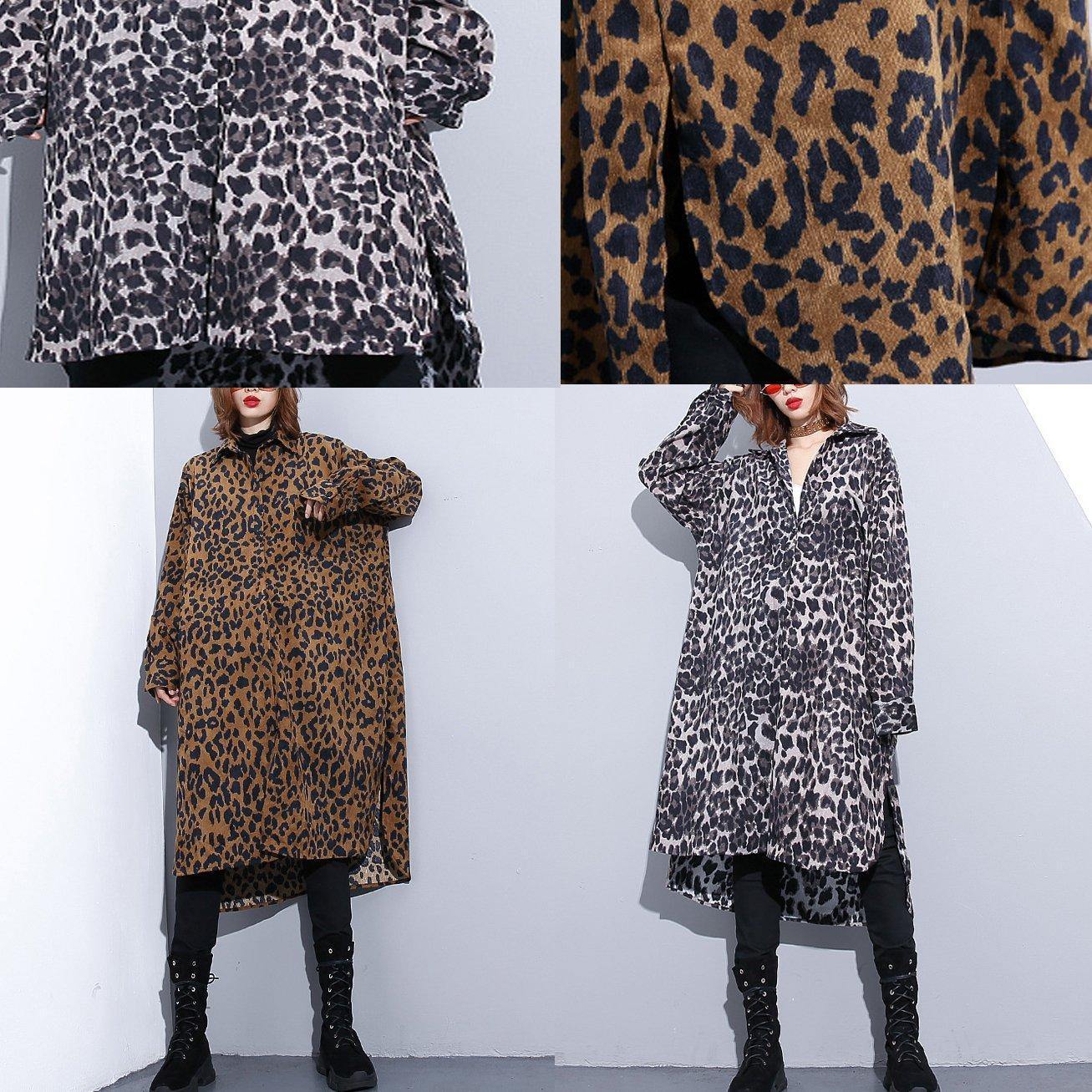2019 chocolate Leopard coat plus size clothing dress side open casual Turn-down Collar Button coat - SooLinen