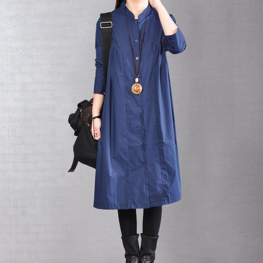 2018 navy pure linen dresses plus size clothing linen clothing dress casual Cinched solid color linen dresses - SooLinen