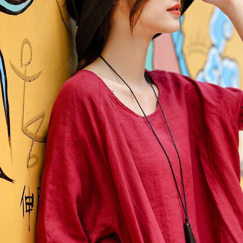 2018 red embroider fabric long linen dress plus size o neck side open traveling dress vintage half sleeve baggy dresses - SooLinen