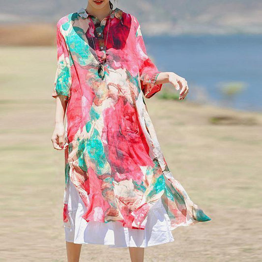 2018 red print linen dresses plus size clothing Turn-down Collar linen clothing dress boutique Three Quarter sleeve side open dresses - SooLinen