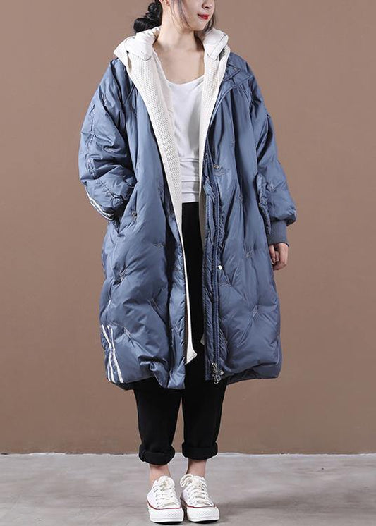 2021 plus size snow jackets coats blue striped hooded zippered goose Down coat - SooLinen
