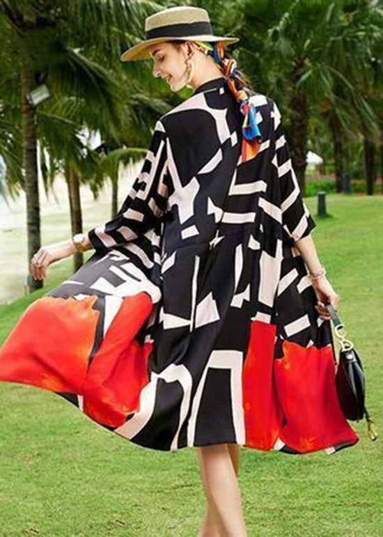 2025 Summer Colorblock Patchwork Print Holiday Dresses Silk Coat