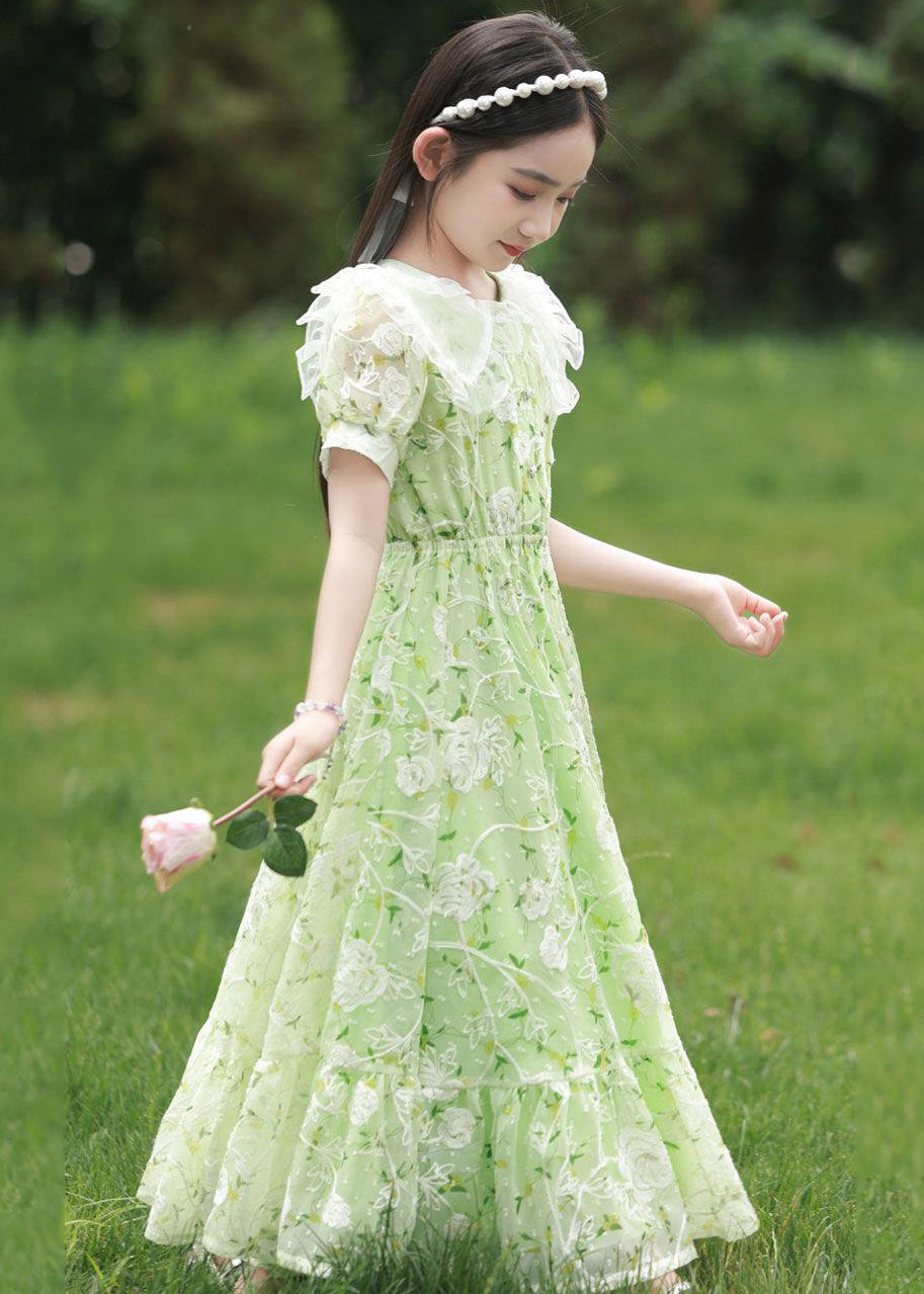 2025 New Green Peter Pan Collar Print Tie Waist Chiffon Girls Maxi Dress Short Sleeve
