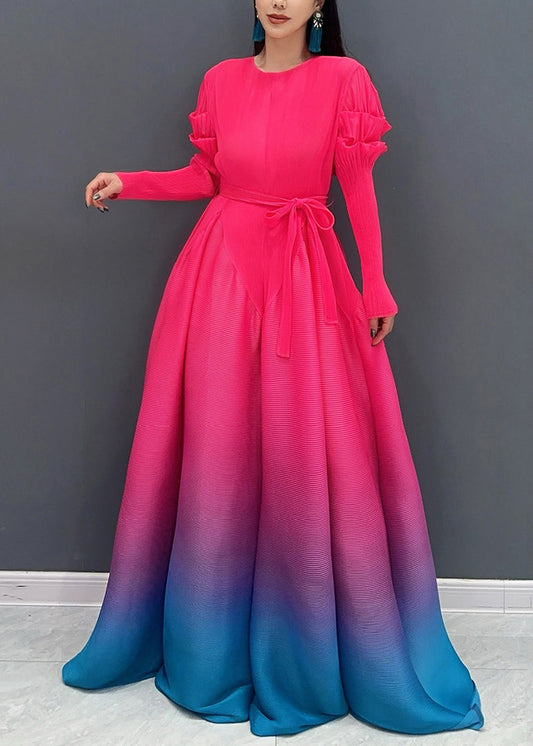 2025 Red O-Neck Gradient Color Maxi Dresses Long Sleeve
