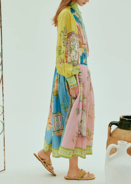 2025 Lantern Sleeve Graffiti Printed Wrinkled Lace Up Dress