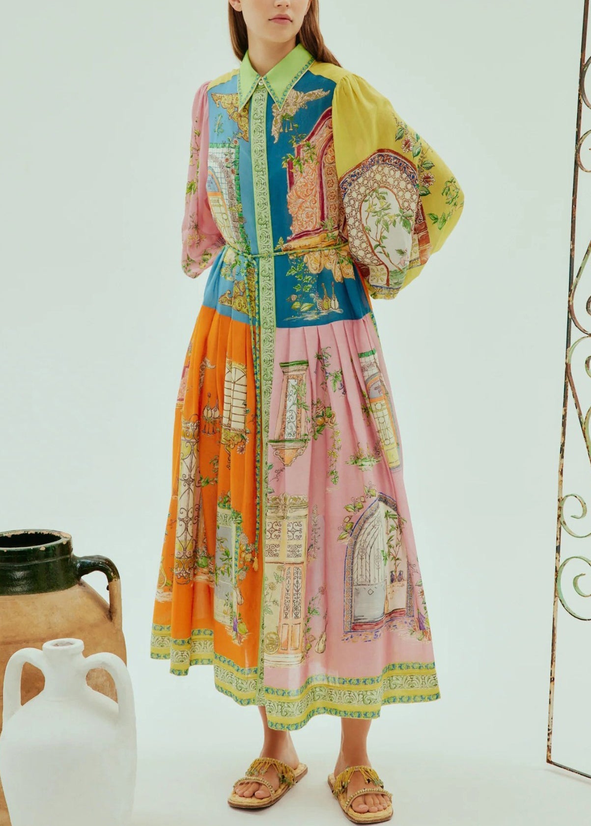 2025 Lantern Sleeve Graffiti Printed Wrinkled Lace Up Dress