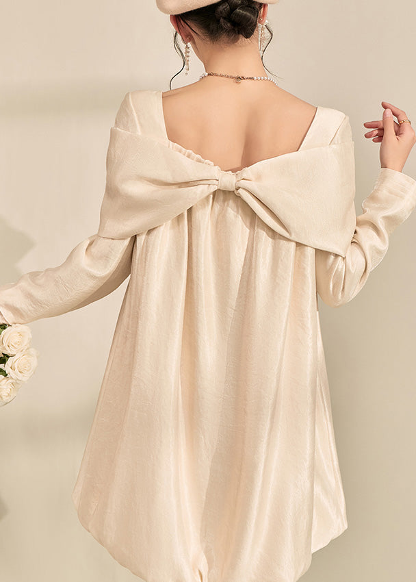 2025 New Apricot Bow Mid Dress Fall