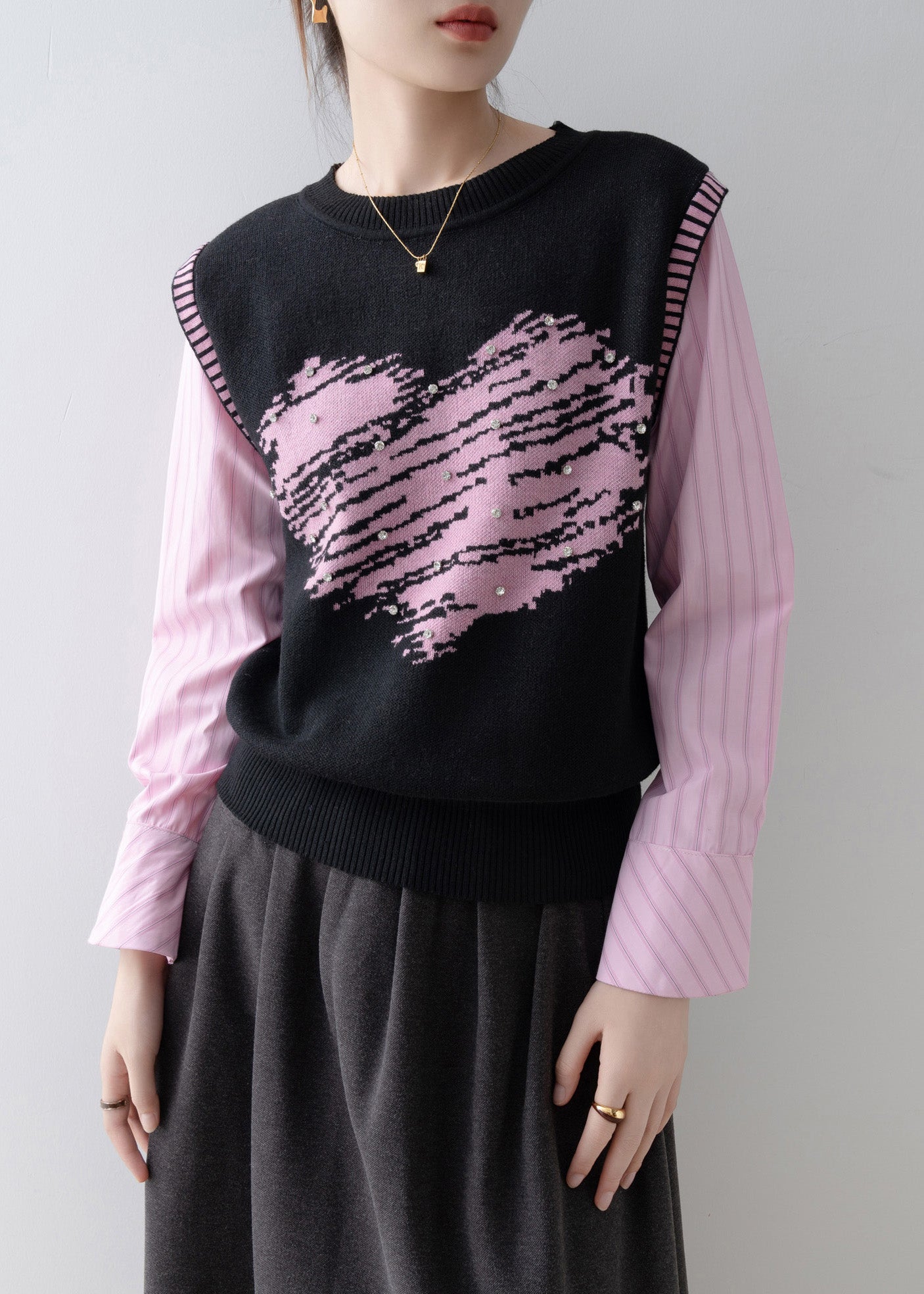 2025 New Fake Two Pieces Set Knit Patchwork Pink Shirts Spring