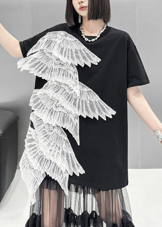 2025 Summer New Black Embroidered Wings T-Shirt Dress