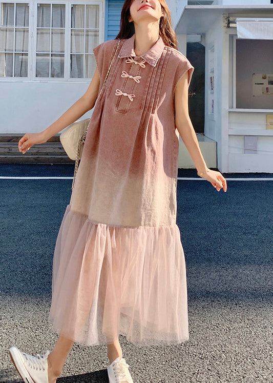 2025 Summer Retro Pink Gradient Tulle Splicing Denim Shirt Skirt Dress