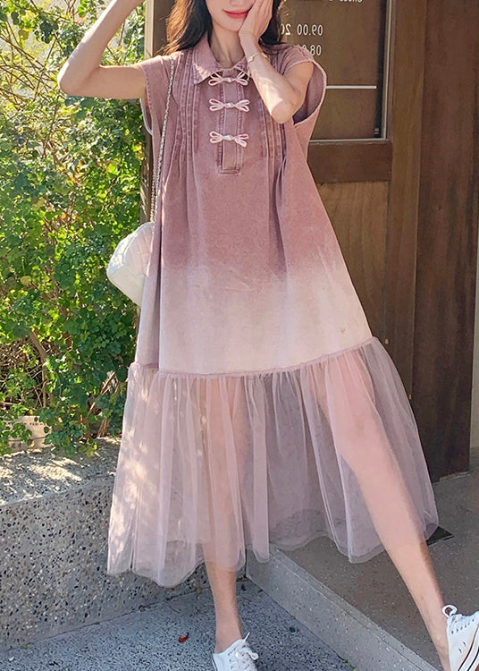 2025 Summer Retro Pink Gradient Tulle Splicing Denim Shirt Skirt Dress
