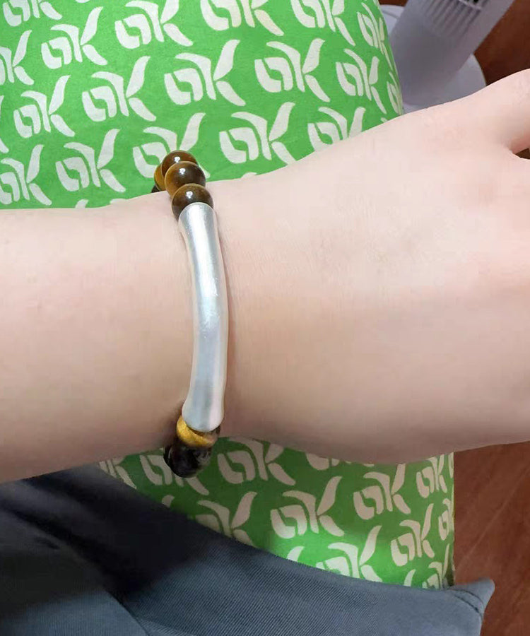 2026 Brown 999 Pure Silver Bend Pipe Patchwork Tiger's Eye Bracelet