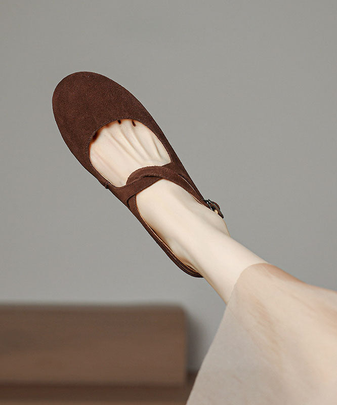2026 Buckle Strap Flats Brown Cowhide Leather
