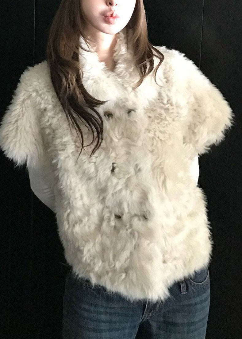 2026 New Beige Peter Pan Collar Button Faux Fur Waistcoat Short Sleeve