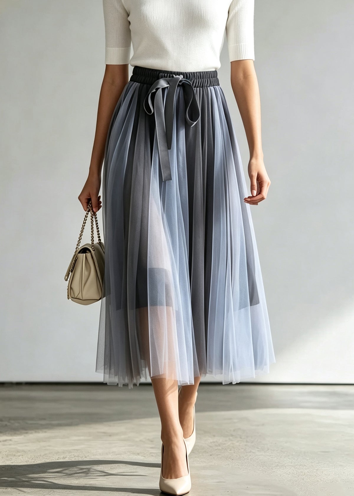 2026 New Blue Elastic Waist Patchwork Tulle Skirt Fall